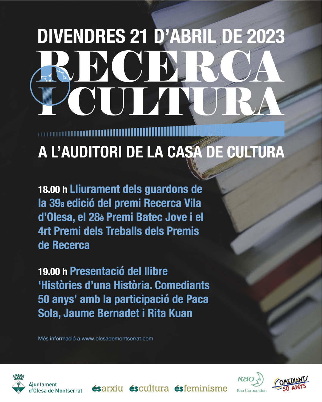 Cartell del lliurament de guardons pels premis de Recerca Vila d'Olesa i la presentació del llibre pels 50 anys de Comediants.