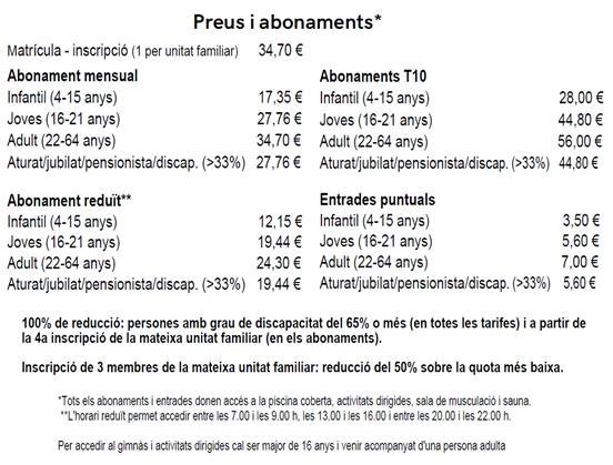 Preus i abonaments de la piscina municipal