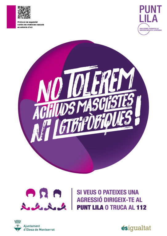 Cartell de colors rosa i morat amb l'eslogan en una rodona No tolerem actituds masclistes ni LGTBIFÒBIQUES!