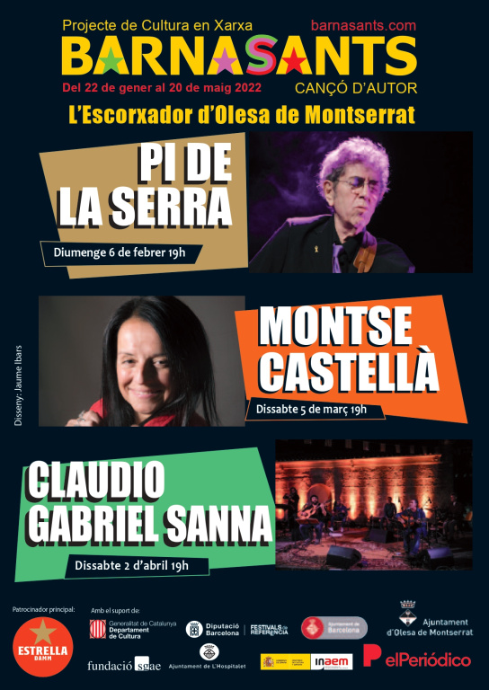 Cartell amb les fotografies de les actuacions de Pi de la Serra, Montse Castellà i Claudio Gabriel Sanna