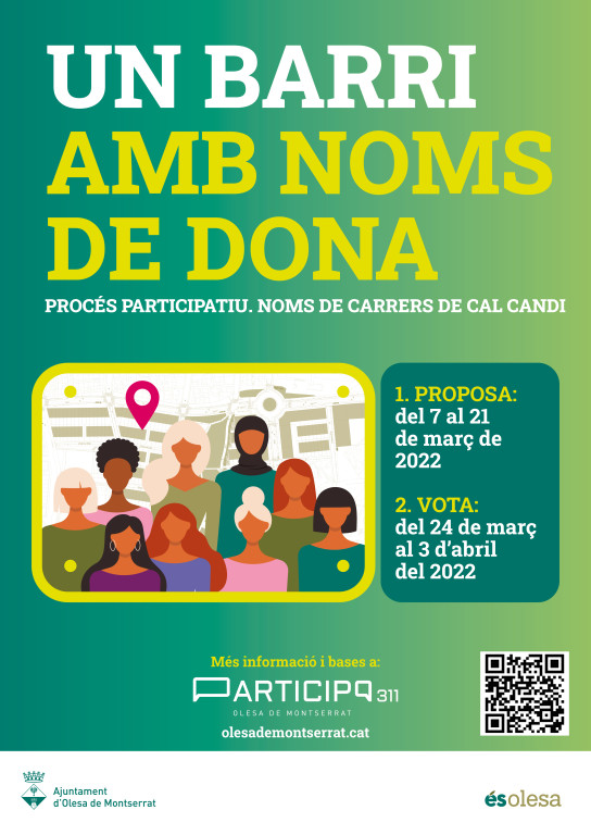 Cartell Un barri amb noms de dona amb les dates de proposta i votació