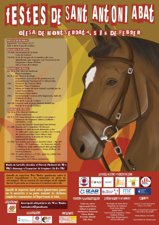 Cartell amb el dibuix del cap d'un cavall amb la descripció de les activitats que es faran i les col·laboracions de les Festes de Sant Antoni Abat