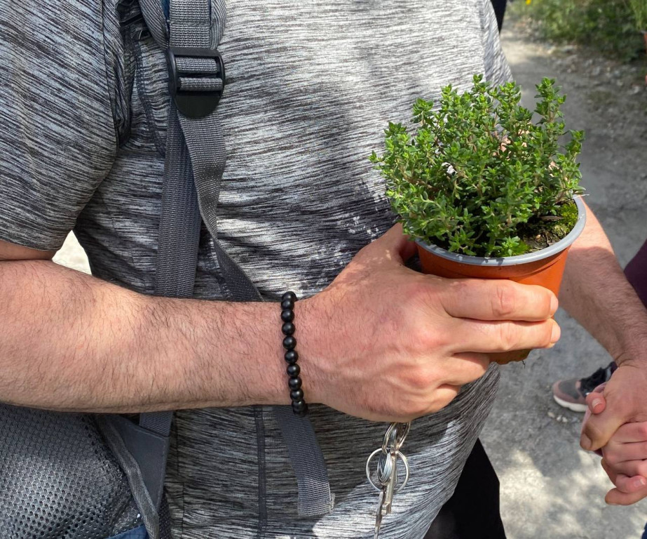 Participant amb una planta de farigola