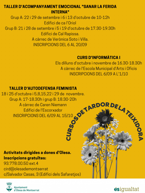 Cartell amb la relació del cursos de tardor de la teixidora i la informació per a la inscripció