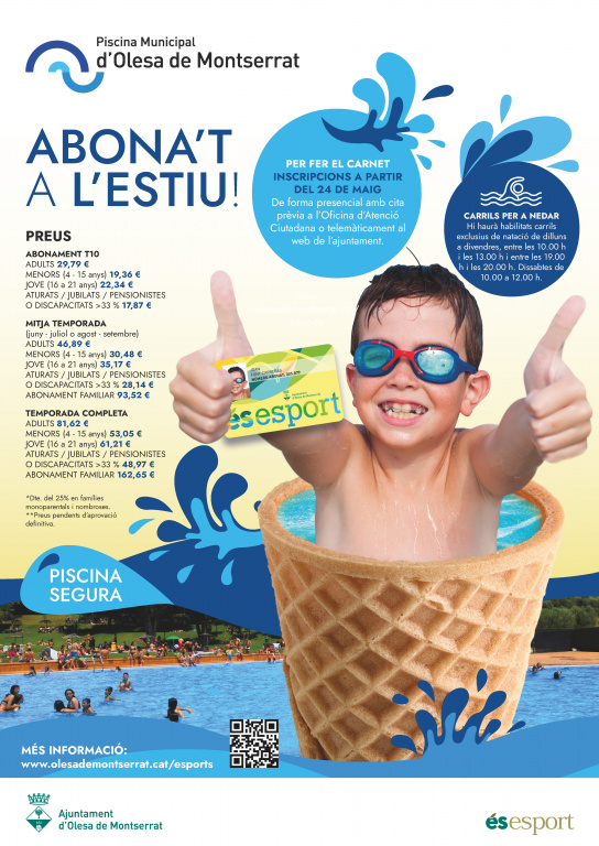 cartell amb la informació dels abonament de la piscina d'estiu amb un nen sortint d'un cucurutxo