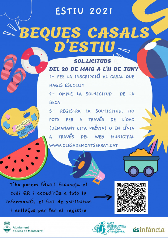 Informació per a demanar les beques dels casals d'estiu amb dibuixos d'objectes d'estiu i codi QR amb tota la informació