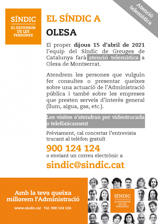 Cartell amb informació sobre l'atenció telemàtica del Sindic de greuges de Catalunya a Olesa