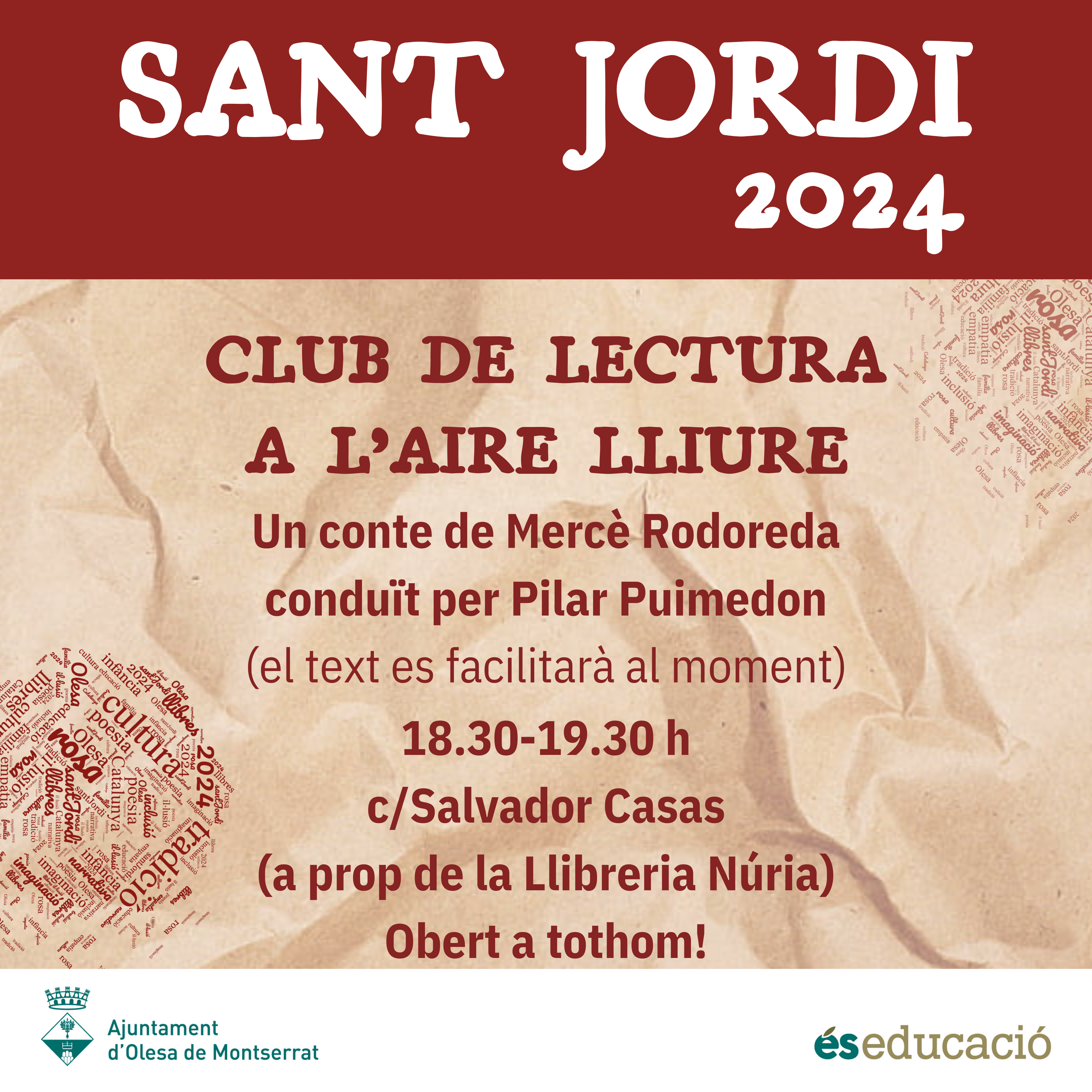 Cartell del club de lectura a l'aire lliure per Sant Jordi 2024