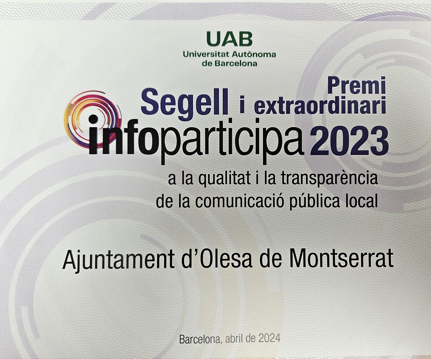 Diploma del Segell Infoparticipa i premi extraordinari 2023