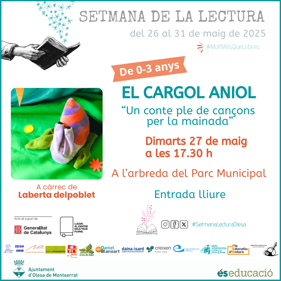 Cartell de l'hora del conte amb el cargol Aniol. Maig 2025
