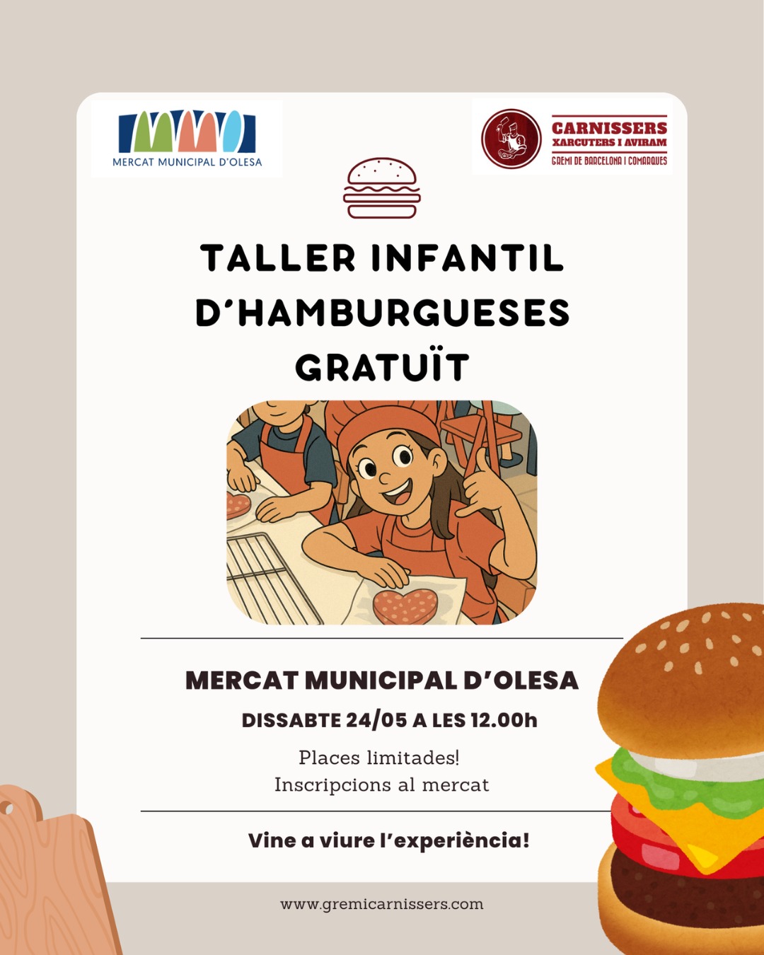Cartell del taller infantil d'hamburgueses del maig de 2025