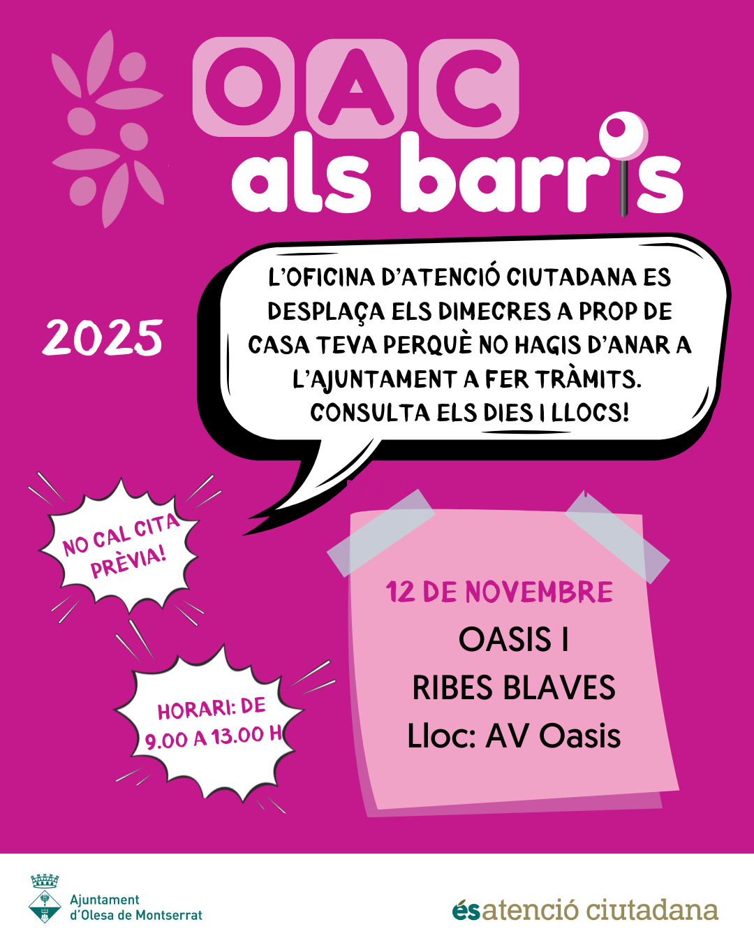 Cartell de l'OAC als Barris a l'Oasis i Ribes Blaves pel novembre de 2025