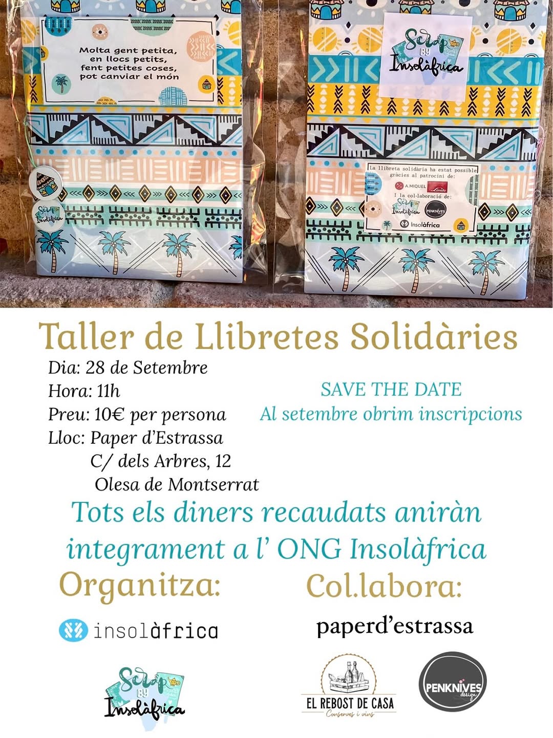 Cartell d'anunci del taller de llibretes solidàries pel setembre de 2025