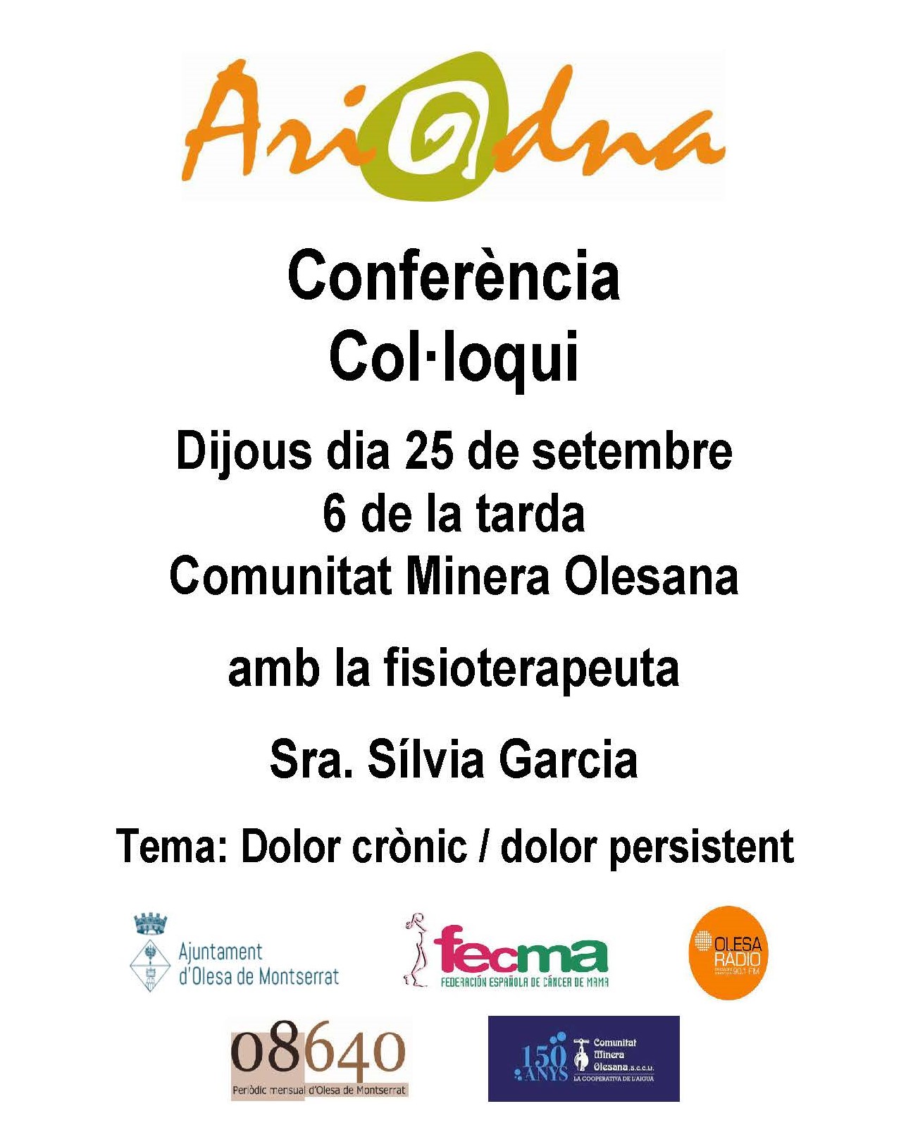 Cartell de la conferència sobre dolor crònic organitzada per l'associació Ariadna pel setembre de 2025