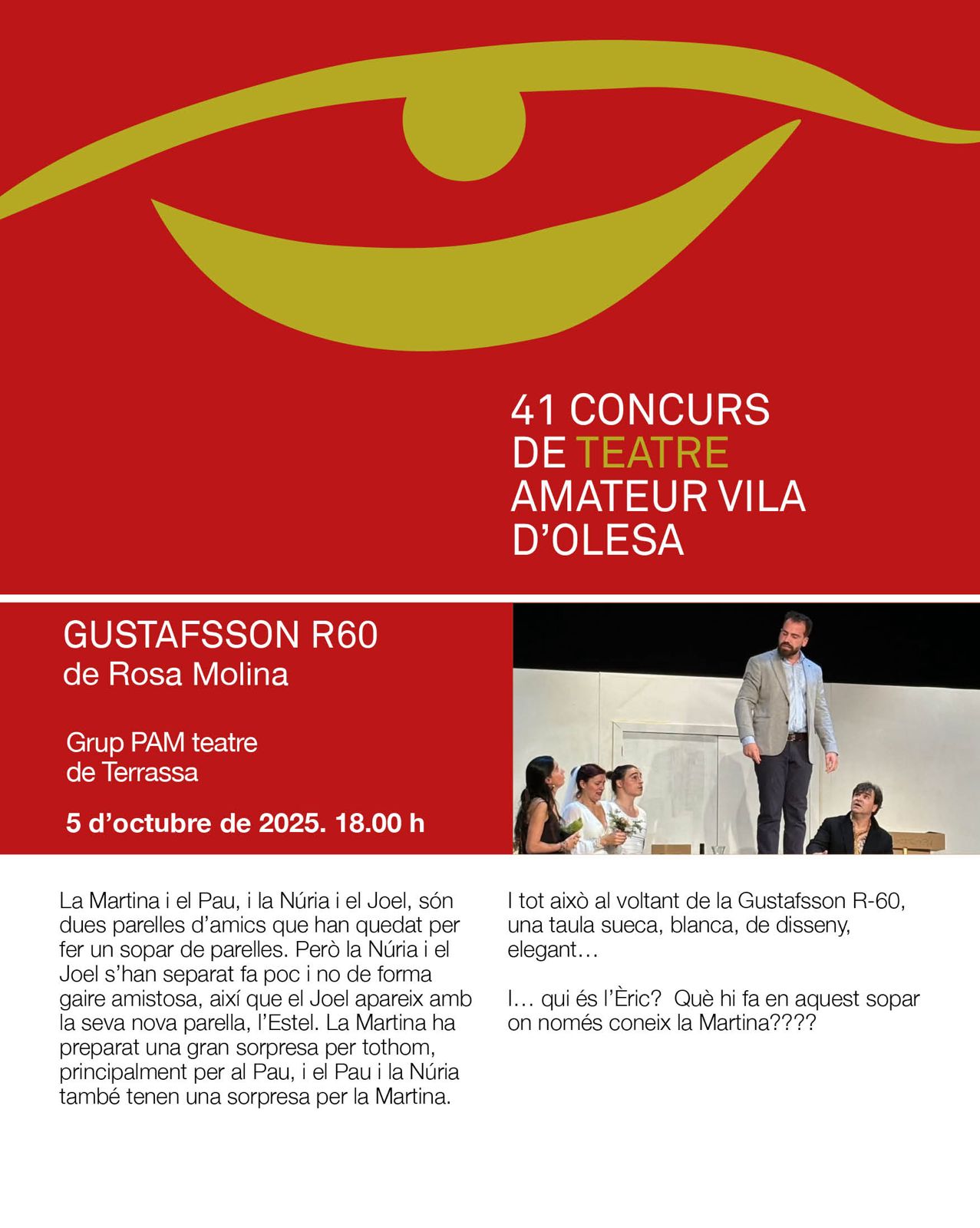Cartell de l'obra de teatre Gustafsson R60 per al Concurs de Teatre Amateur Vila d'Olesa 2025