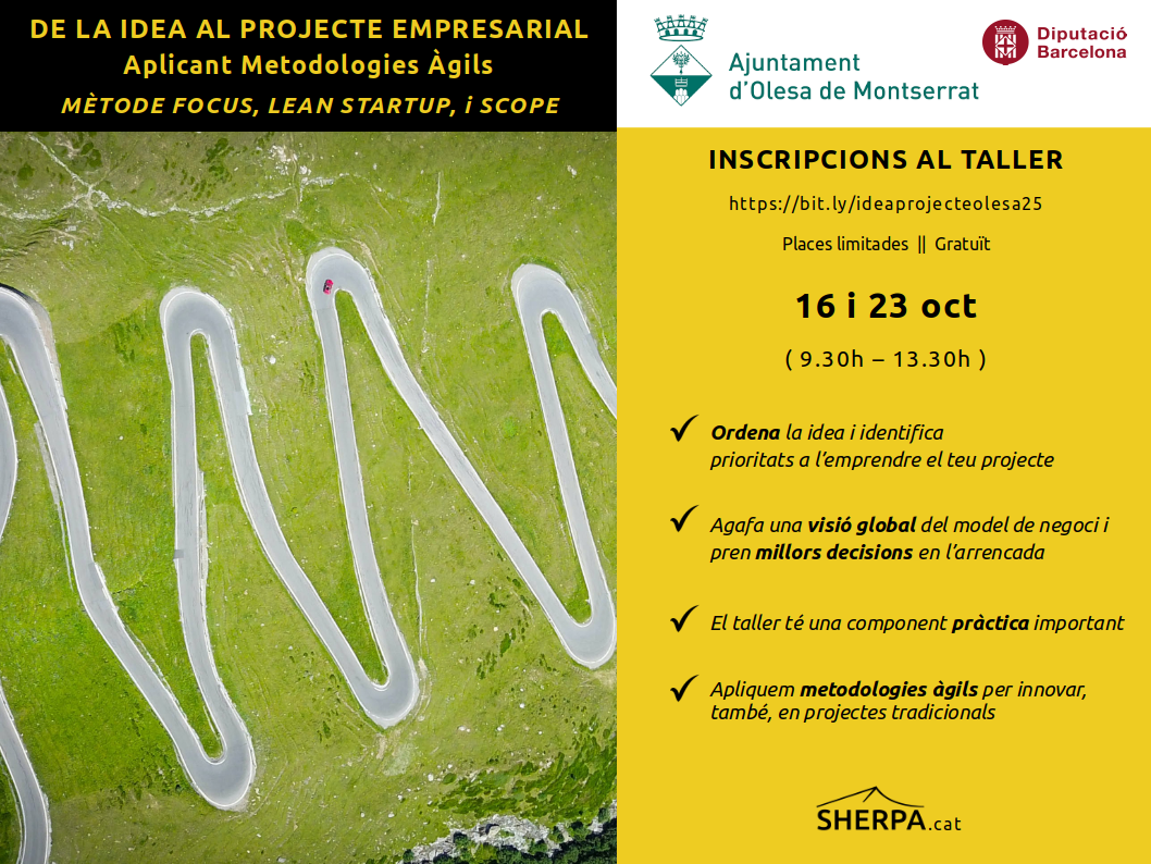 Cartell de la formació empresarial "De la idea al projecte" a càrrec de Sherpa. Octubre 2025