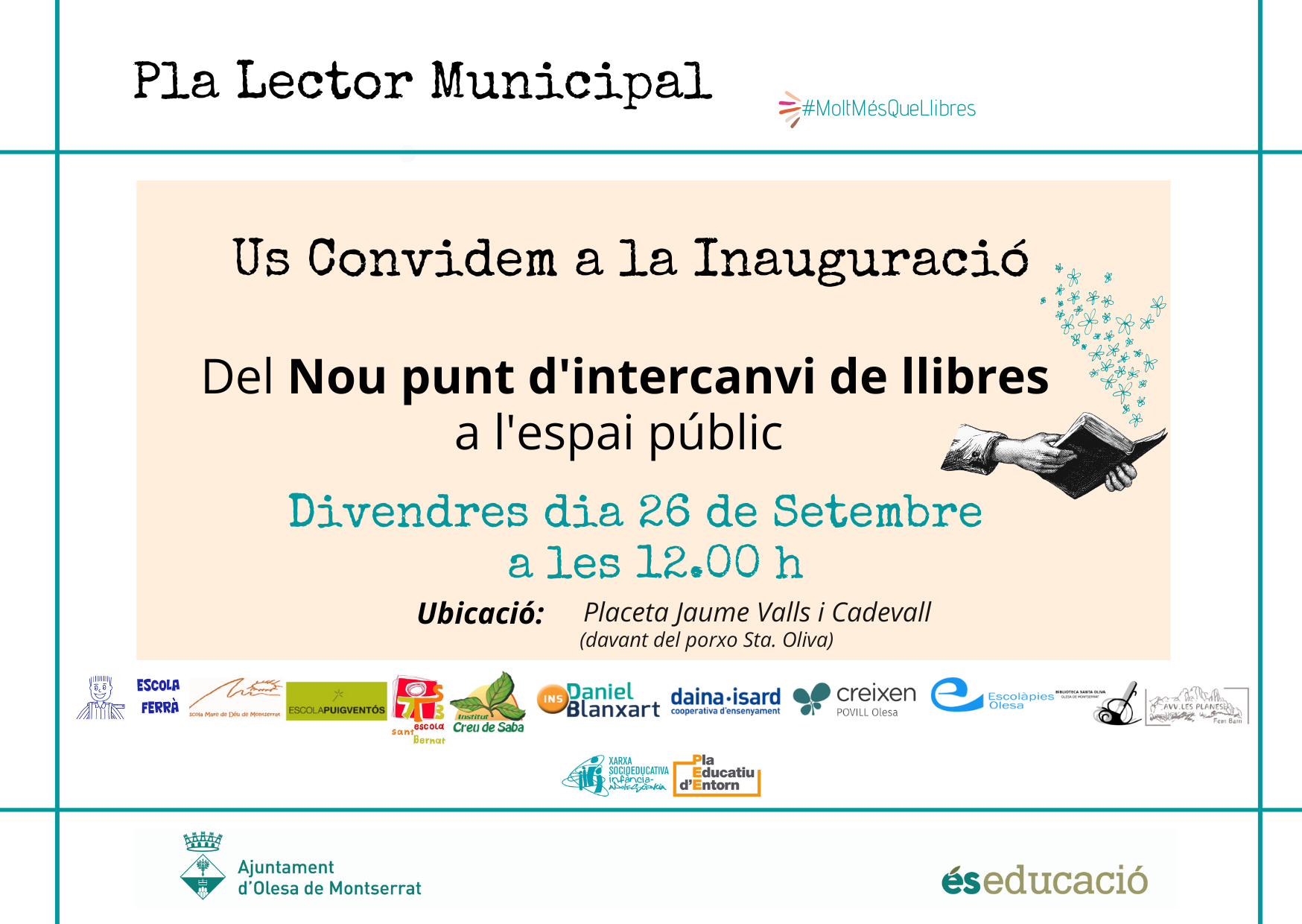 Cartell de l'acte d'inauguració del nou punt d'intercanvi de llibres a la placeta Jaume Valls i Cadevall, octubre de 2025