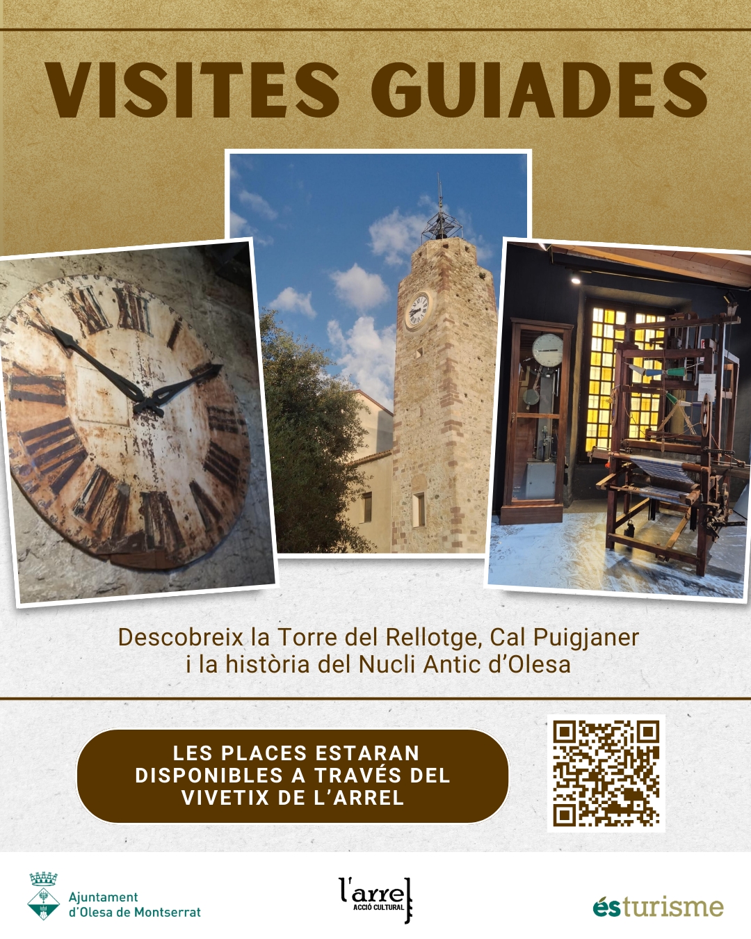 Cartell de les visites guiades de L'arrel al Nucli Antic i Torre del Rellotge