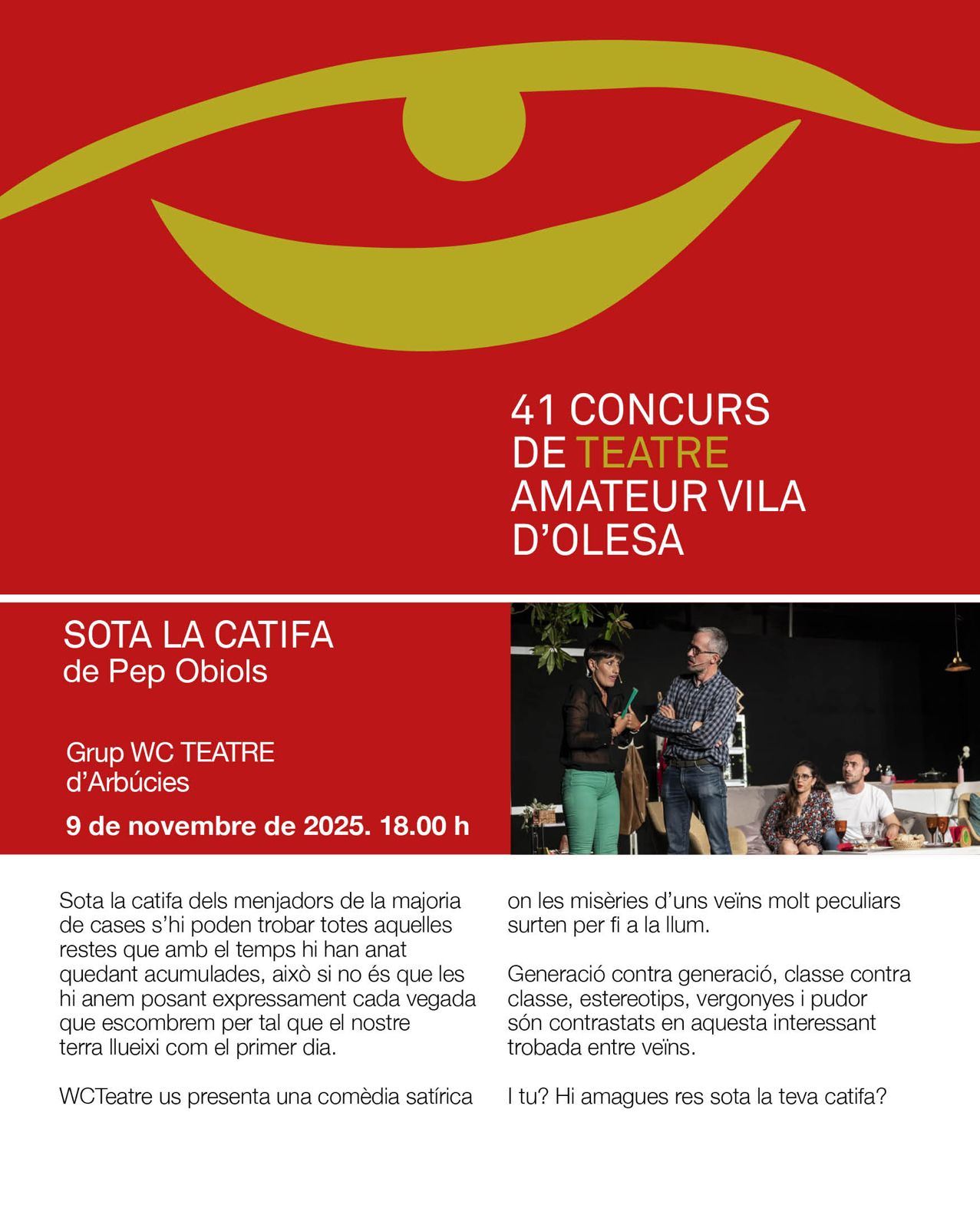Cartell de l'obra de teatre Sota la Catifa representada dins el 41è Concurs de Teatre Vila d'Olesa 2025
