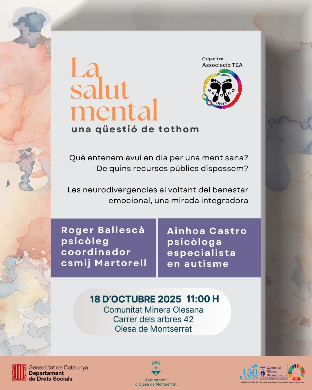 Cartell de la xerrada sobre salut mental que organitza assotea pel dia 18 d'octubre 2025