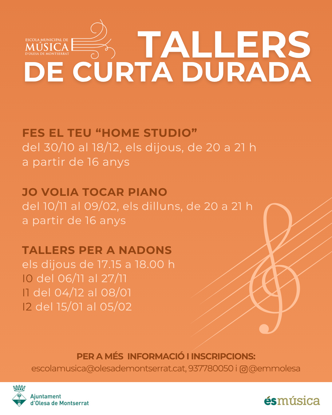 Cartell dels tallers de curta durada de tardor que organitza l'Escola de Música pel 2025