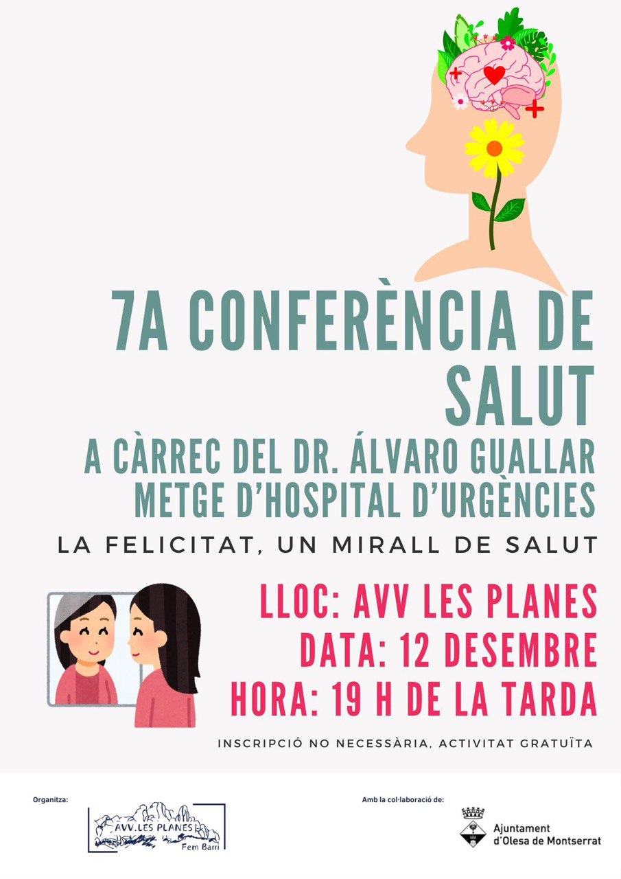 Cartell de la conferència sobre salut i felicitat que es farà a Les Planes el desembre de 2025