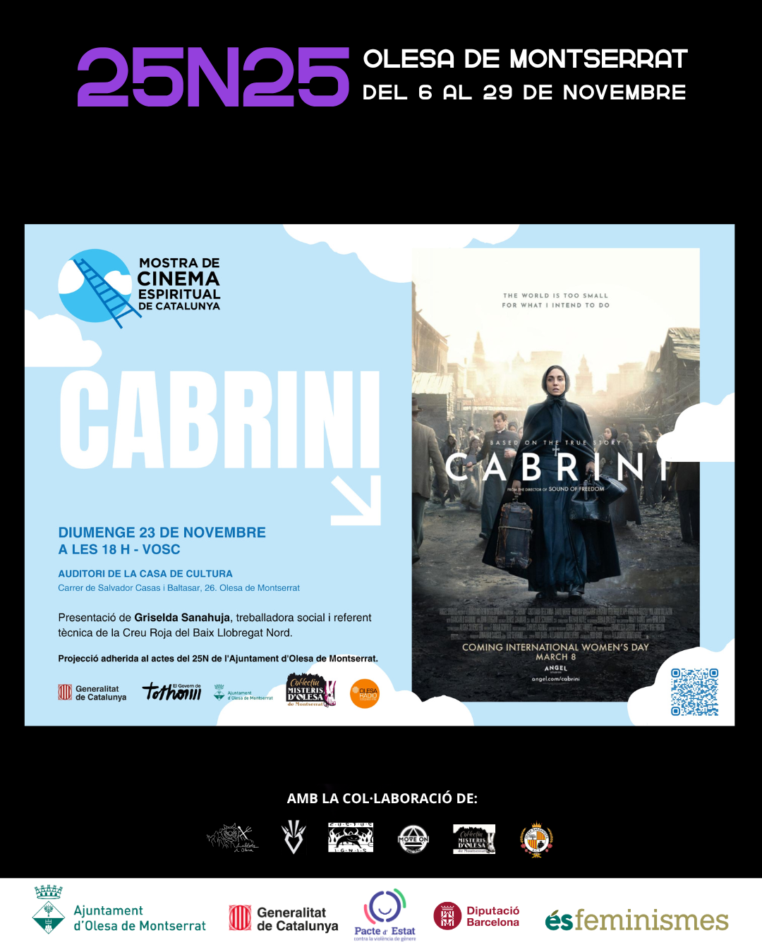 Cartell de la projecció de la pel·lícula Cabrini pel cicle de Cinema Espiritual i el 25N 2025