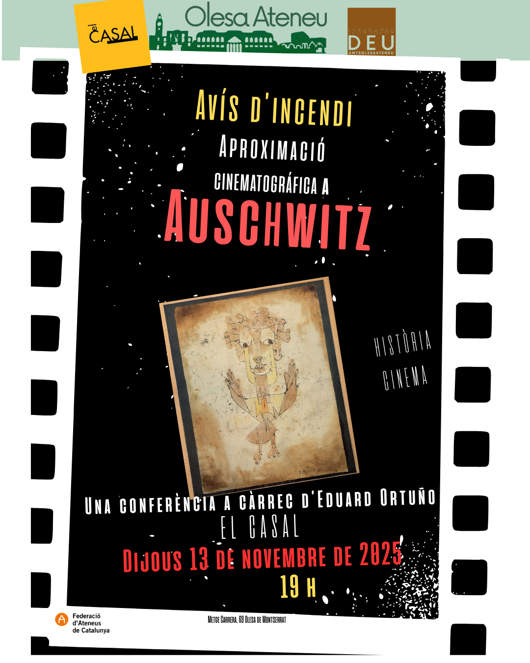 Cartell de la conferència sobre cinema i història "Aproximació cinematogràfica a Auschwitz" pel novembre de 2025