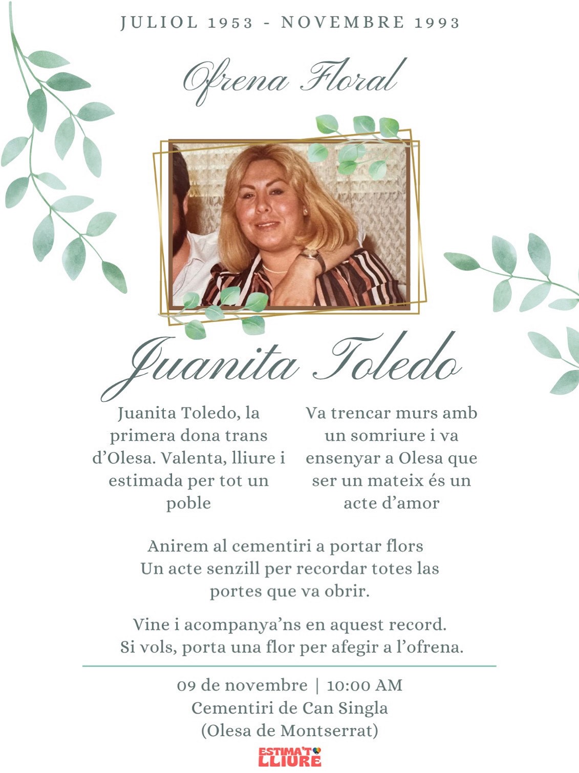 Cartell de l'ofrena floral que es farà a Juanita Toledo el novembre de 2025