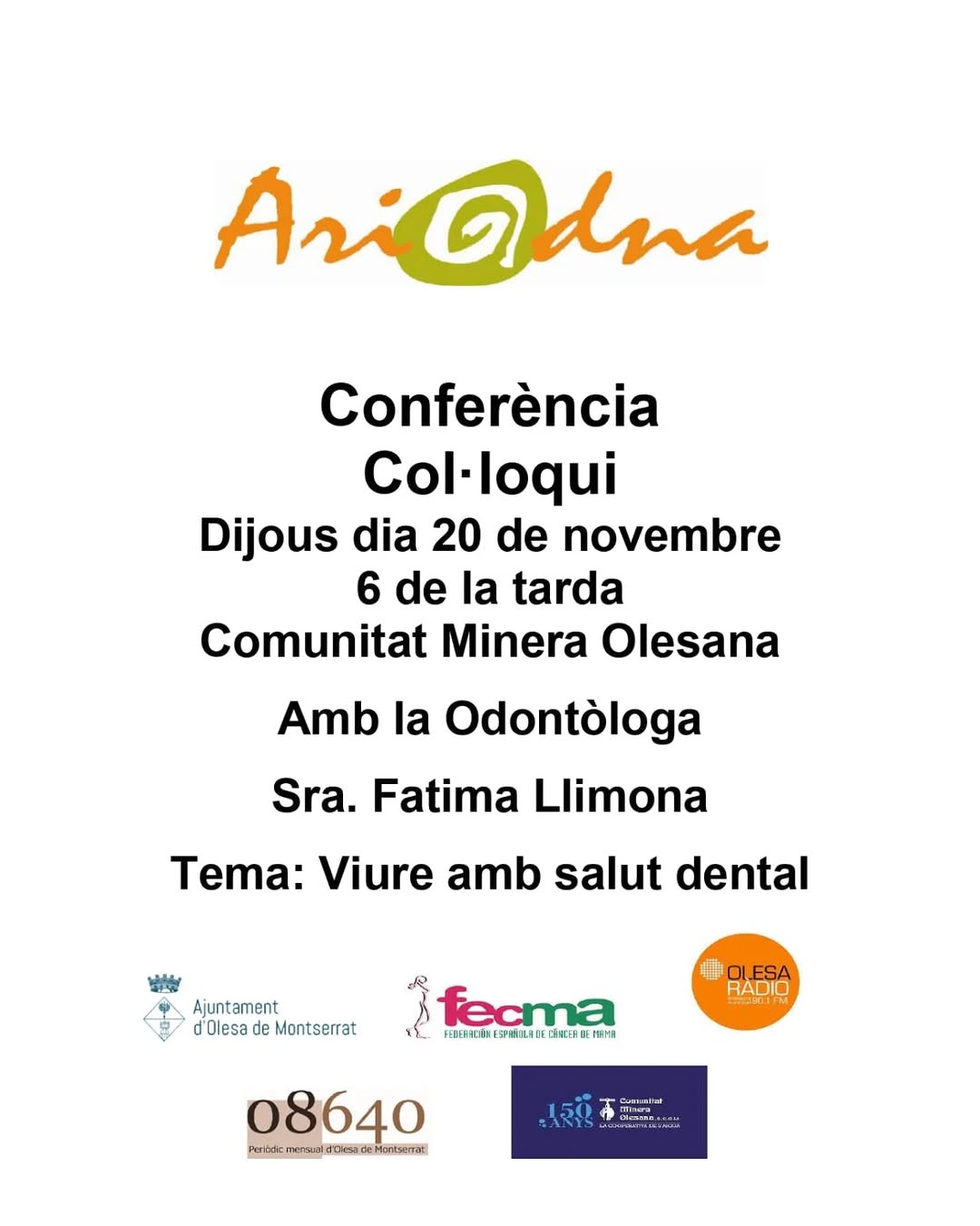 Cartell sobre la conferència de salut dental d'Ariadna pel novembre de 2025