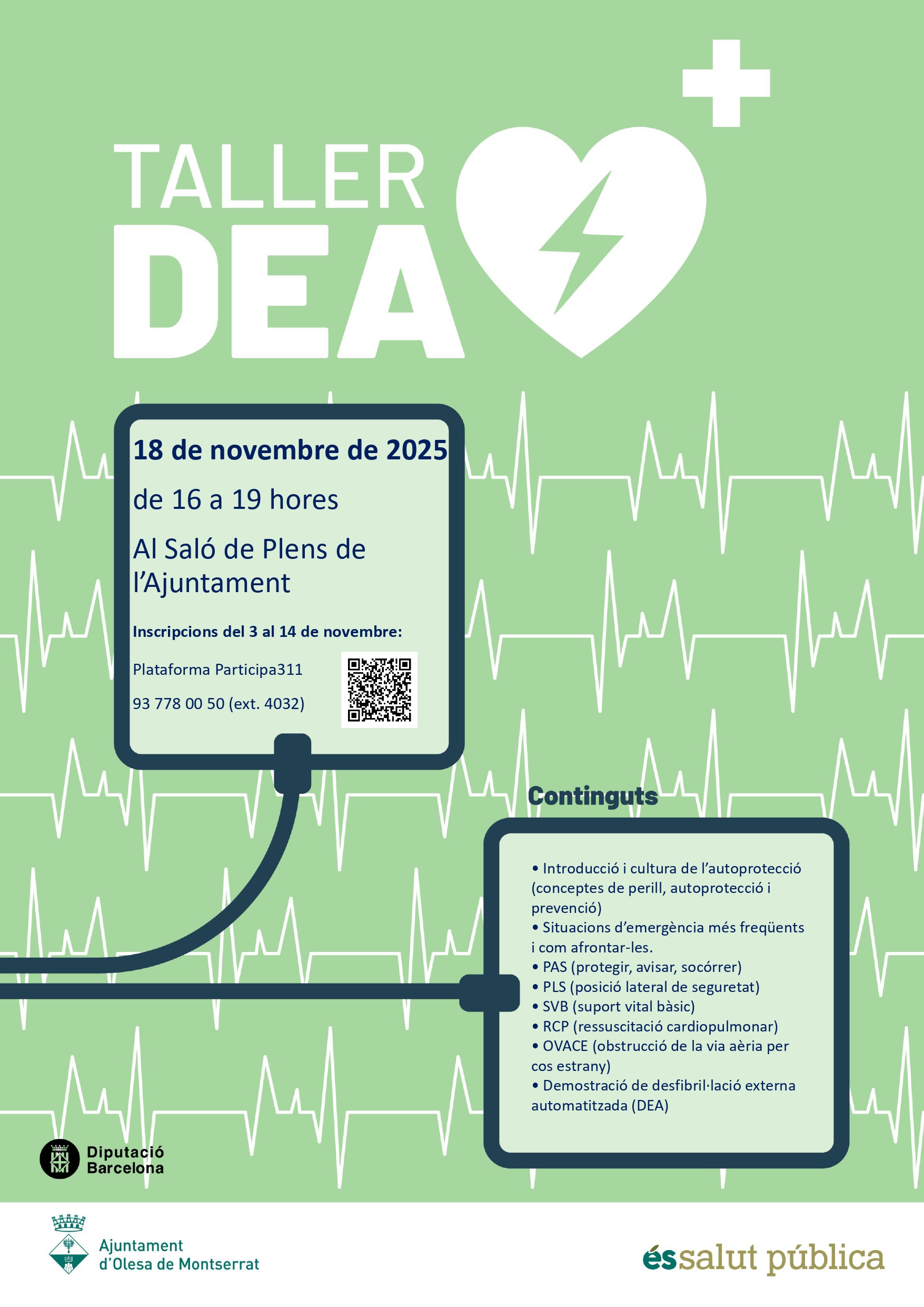 Cartell del taller d'autoprotecció DEA per novembre 2025