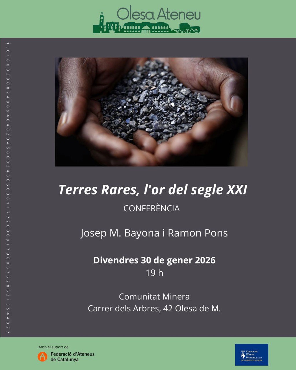 Cartell de la conferència sobre Terres rares que organitza l'OlesaAteneu durant el gener de 2026