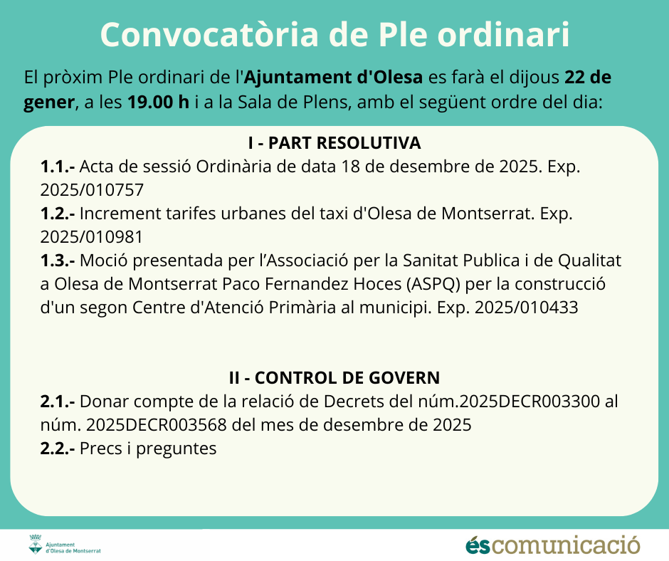 Convocatòria Ple ordinari gener 2026