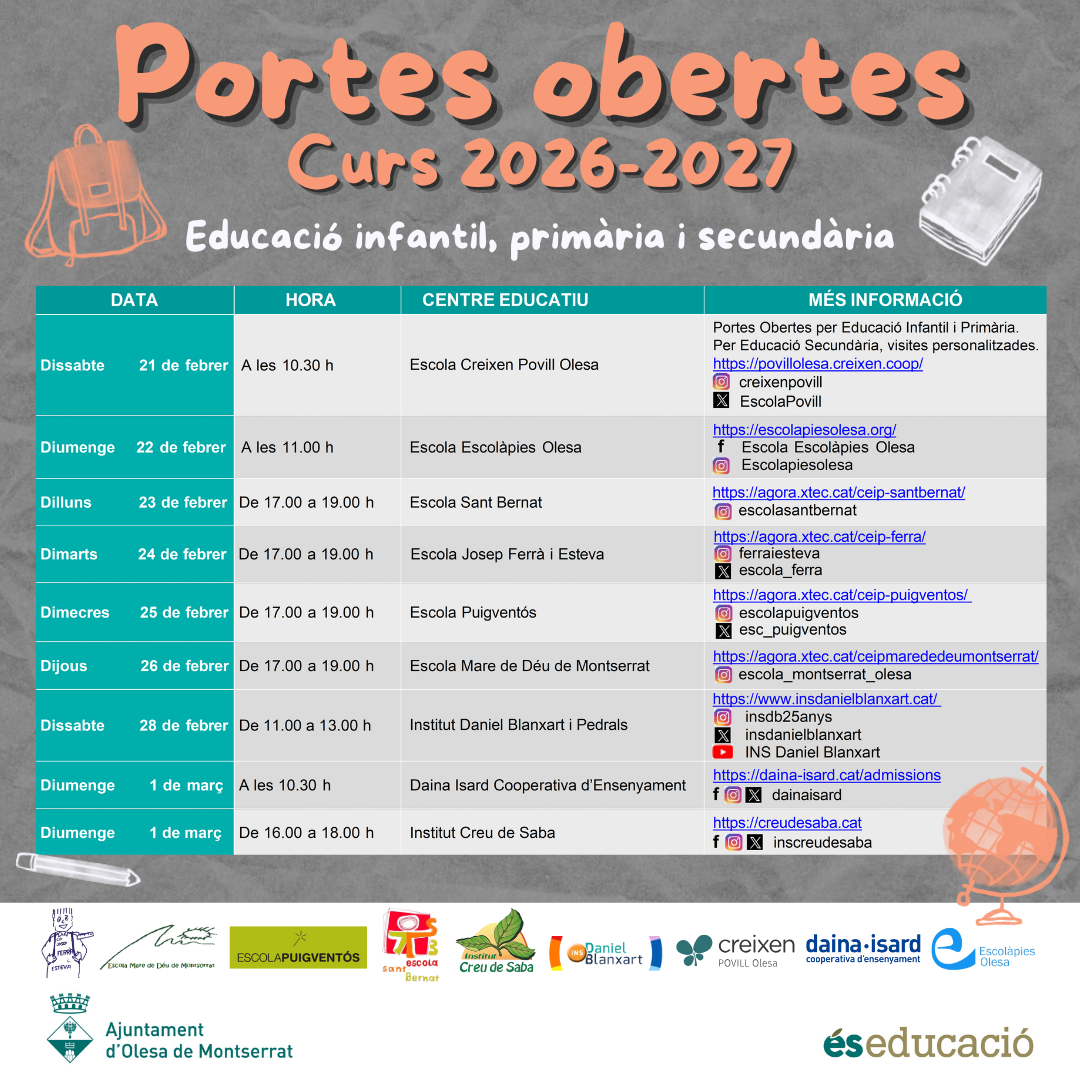Cartell amb les dates de les portes obertes als centres educatius curs 2026.2027.