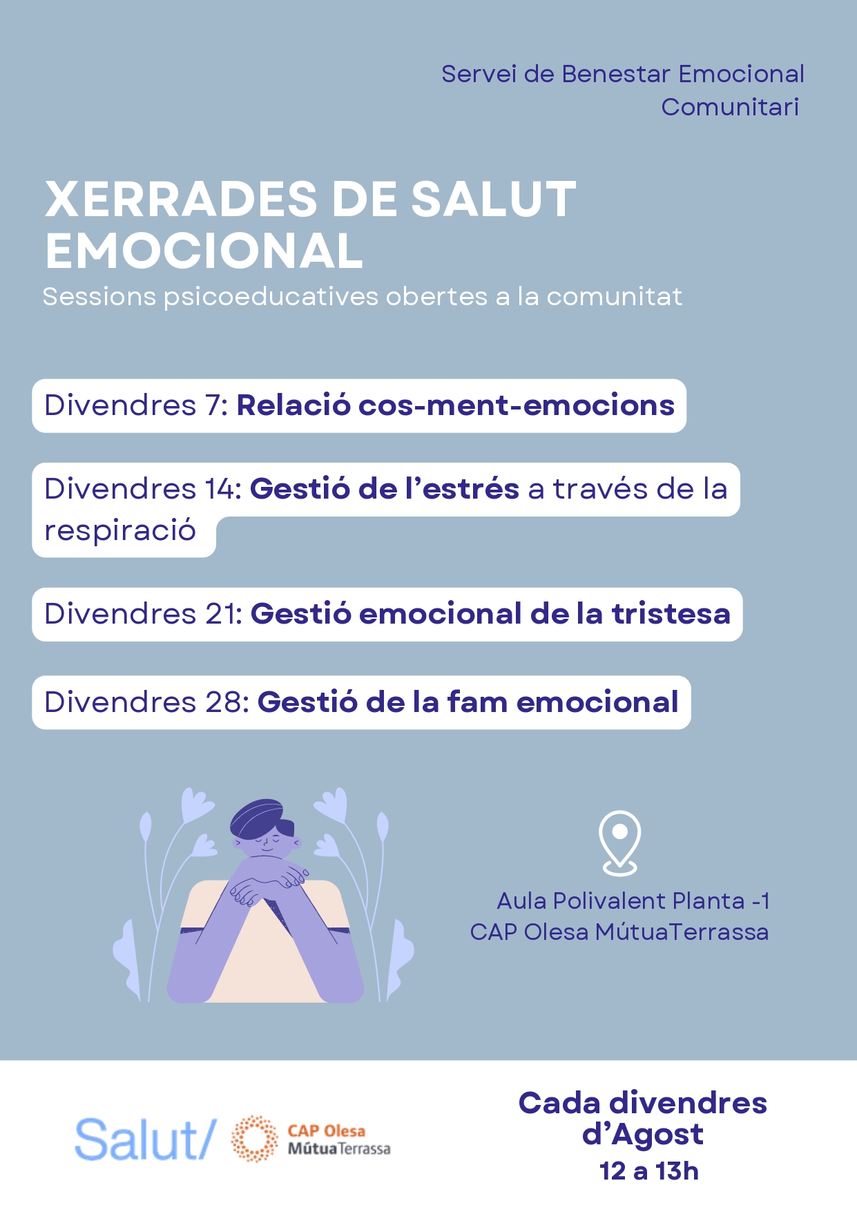 Cartell de les xerrades de salut emocional. Agost 2026.