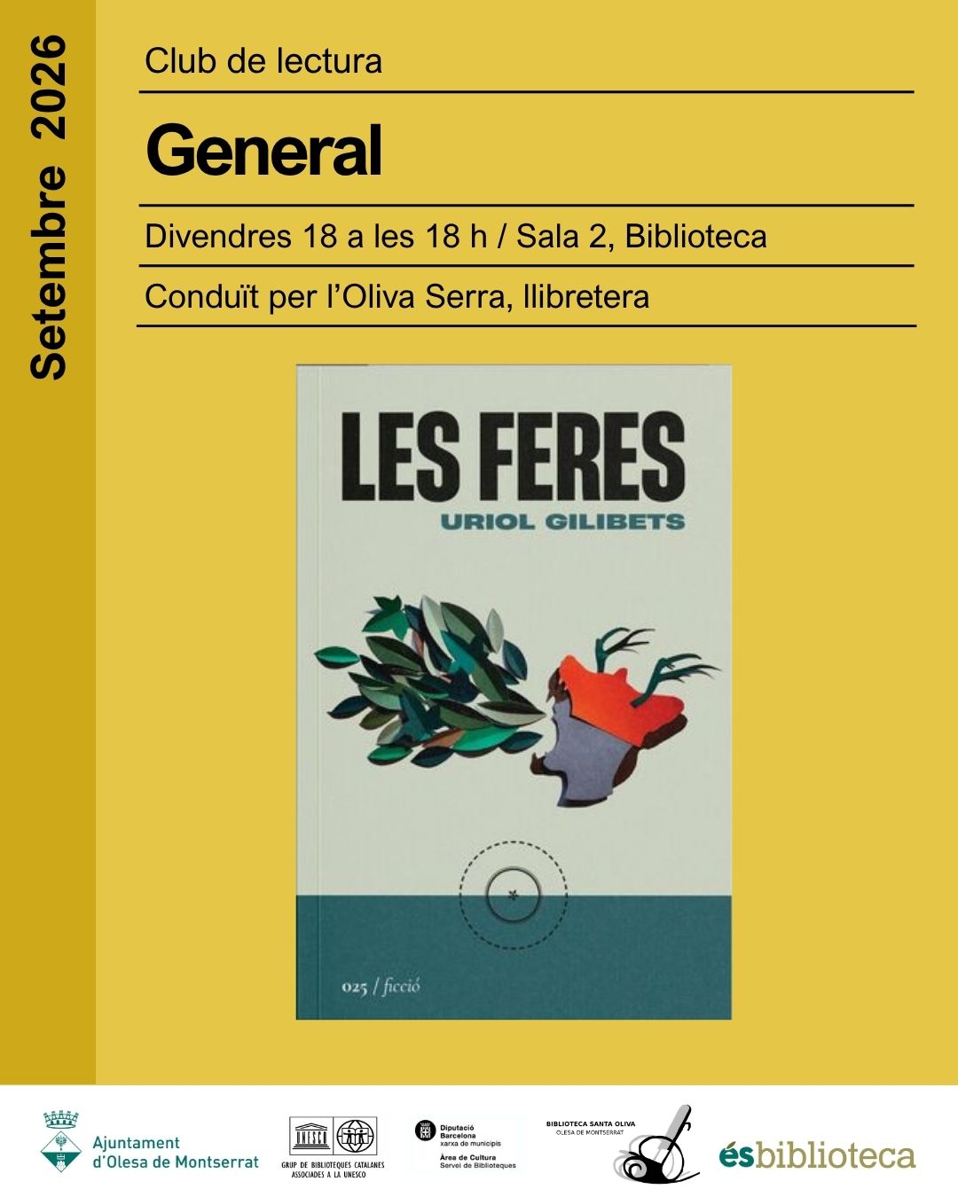 Cartell del club de lectura general de la biblioteca del mes de setembre de 2026