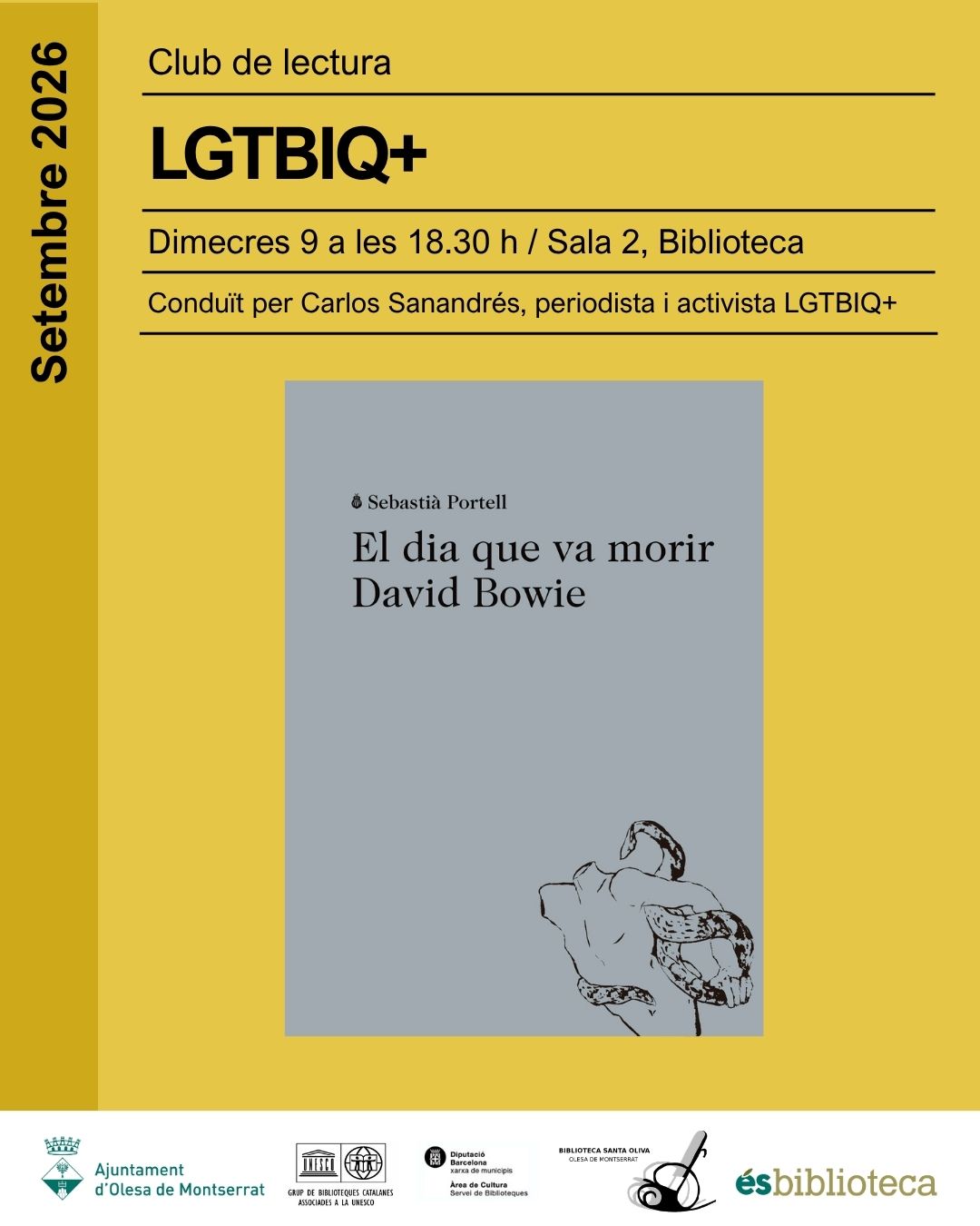 Cartell del club de lectura LGTBIQ+ de la biblioteca del mes de setembre de 2026
