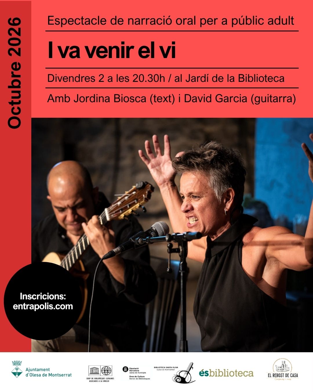Cartell de l'espectacle de narració oral "I va venir el vi" celebrat a la Biblioteca el 2026