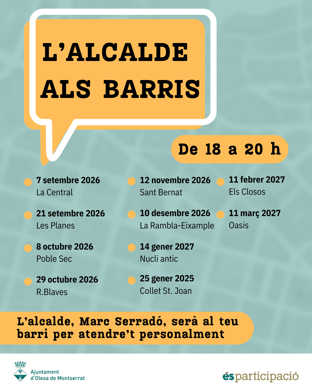 Cartell de L'alcalde als barris amb les dates de la temporada 2026-2027