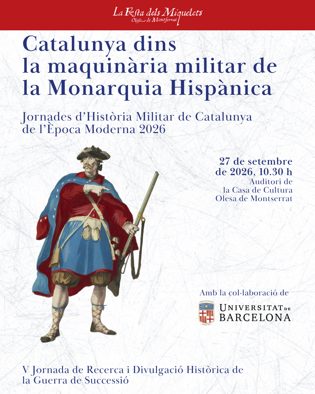Cartell de la V Jornada de Recerca i Divulgació Històrica de la Guerra de Successió pel setembre de 2026