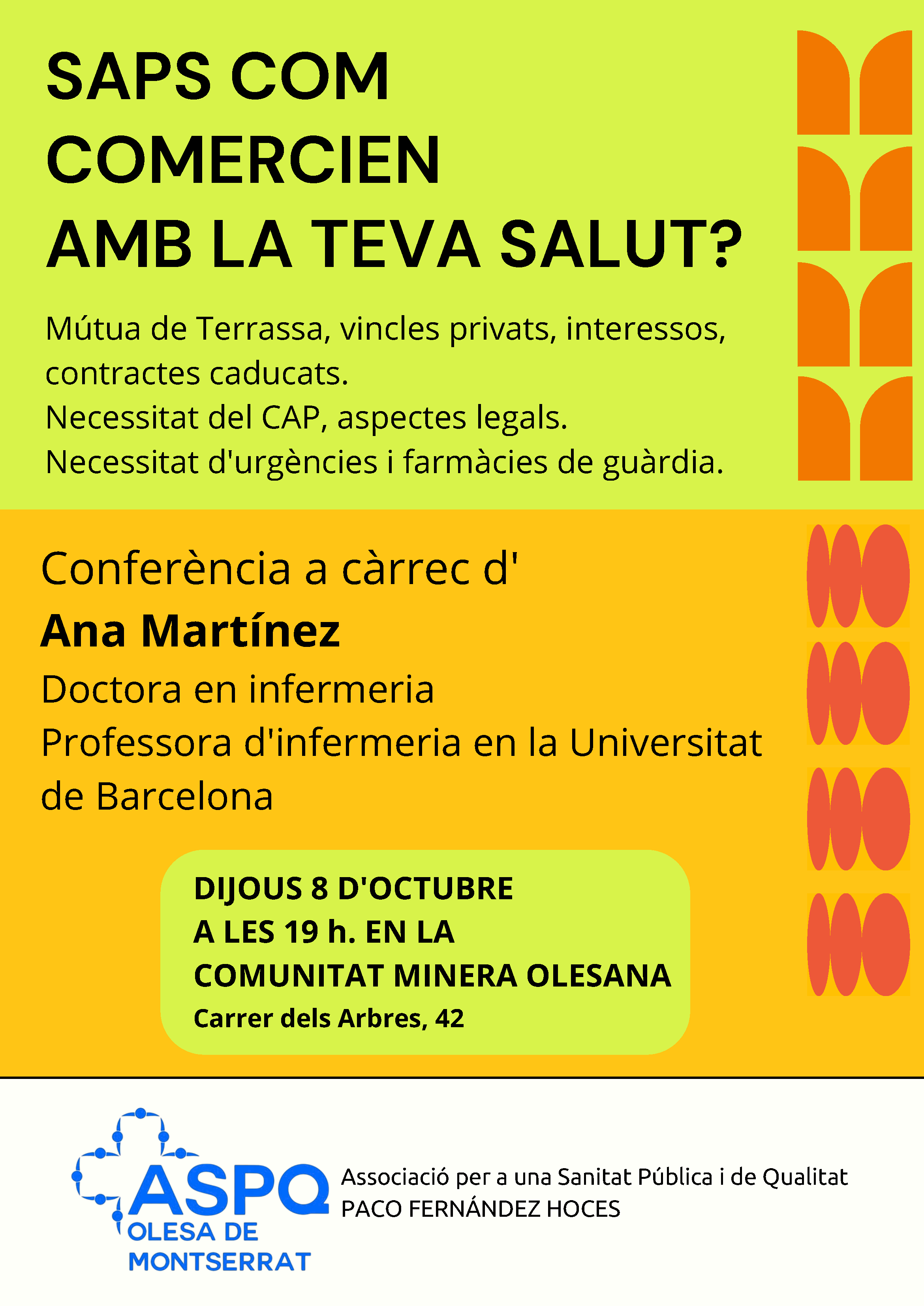 Cartell sobre la xerrada "Saps com comercien amb la teva salut?" de l'ASPQ octubre 2026