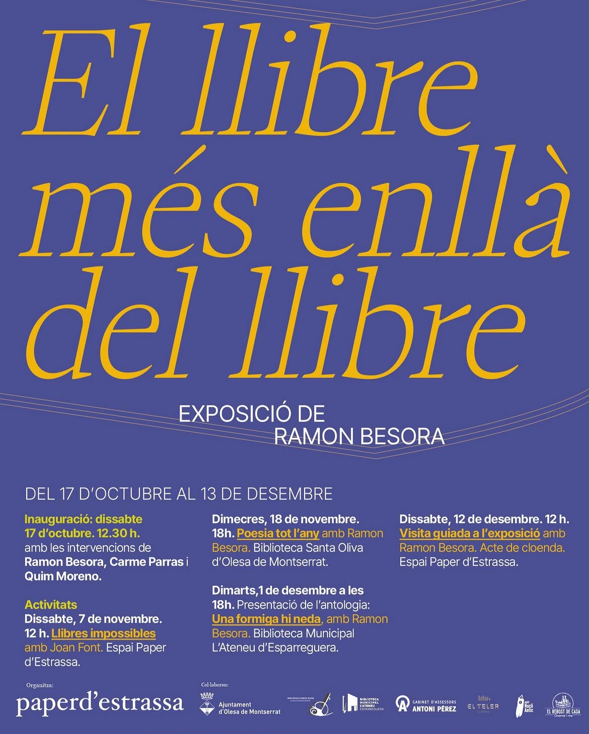 Cartell de l'exposició El llibre més enllà del llibre, a l'Espai Paper d'Estrassa, octubre 2026