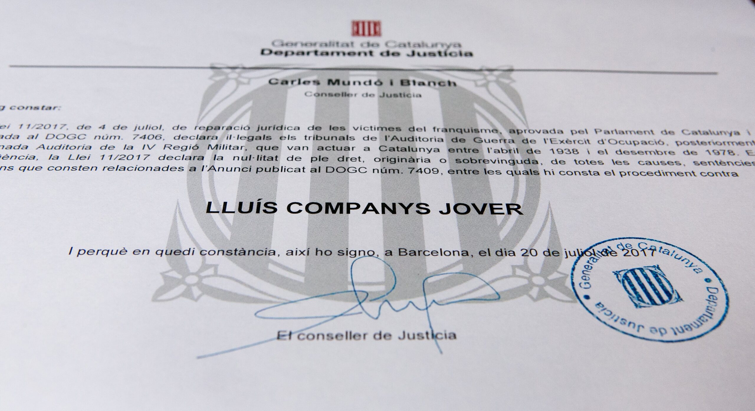 Certificat anul·lació judici sumaríssim Lluís Companys